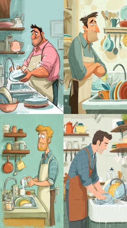 мужчина моет посуду на кухне